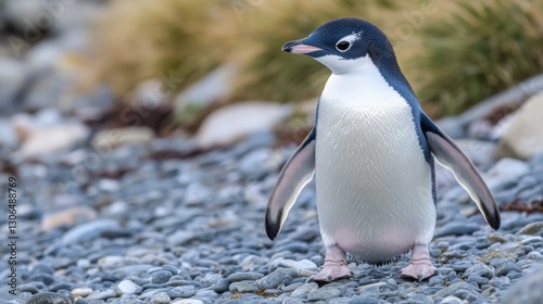 A little blue penguin waddling along a rocky shore at sunrise.
