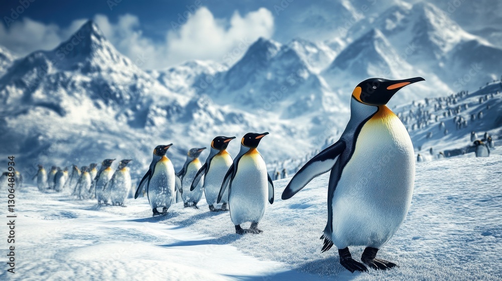 Obraz premium A pack of penguins following each other across a snowy plain.
