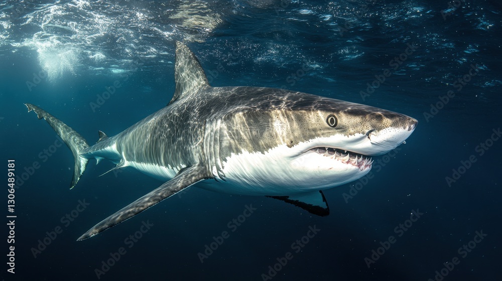 Fototapeta premium A shark moving against the ocean currents, waves rippling around its powerful form.
