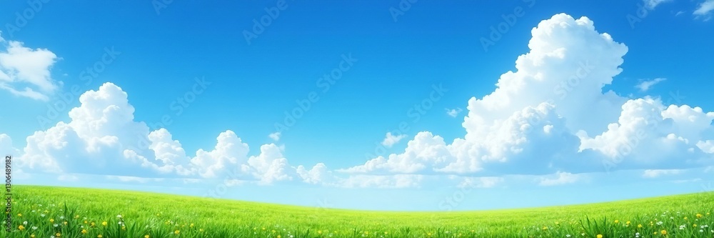 Vibrant blue sky with fluffy white clouds over a tranquil landscape, serene, scenic Vibrant blue sky with fluffy white clouds over a tranquil landscape, serene, scenic