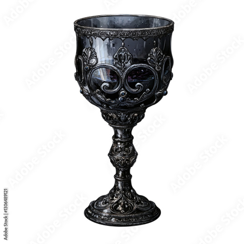 Haunted and cursed royal goblet with ominous liquid, isolated on transparent background.