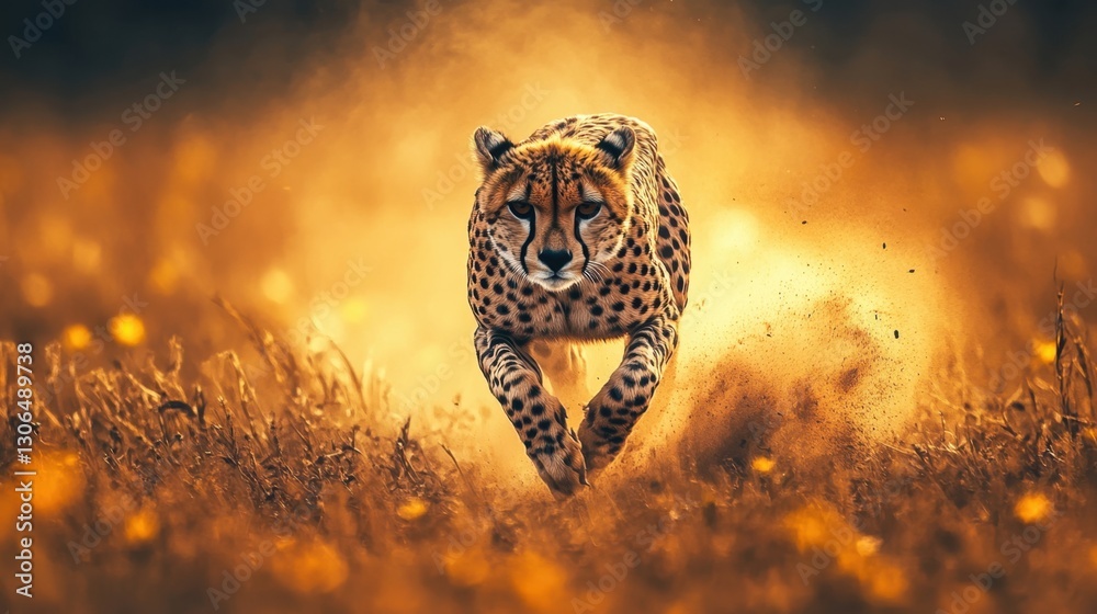 Cheetah sprinting across the African savanna, dust rising in its wake. Cheetah sprinting across the African savanna, dust rising in its wake.