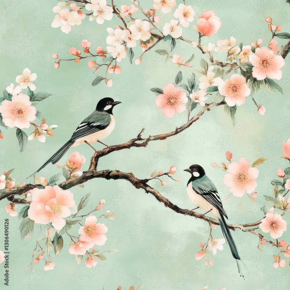 Fototapeta premium Delicate pastel pink and white cherry blossom branches with two birds perched on a light mint green background.