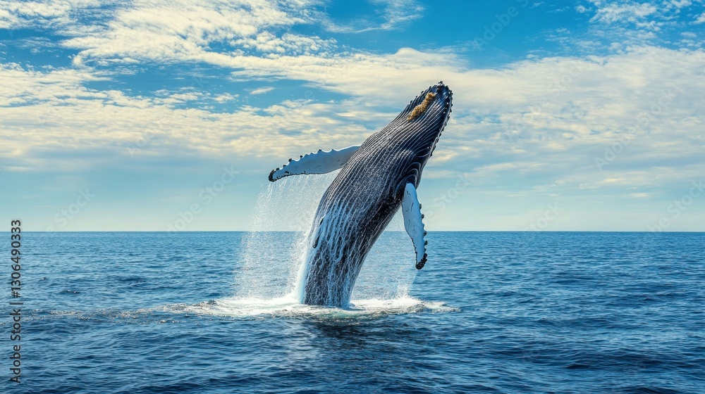 Fototapeta premium Humpback whale breaching the oceans surface, water spraying into the air.