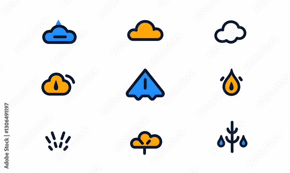 Colorful Weather Icons Set with Rain, Clouds, and Sun Symbols Colorful Weather Icons Set with Rain, Clouds, and Sun Symbols
