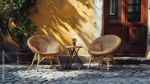 Fototapeta Naklejka Na Ścianę i Meble -  Woven armchairs and a small table are displayed on the cobblestones on a sunny day
