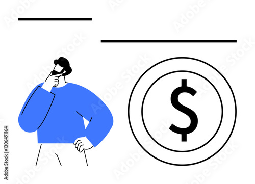 Person with a pensive gesture beside a dollar sign in a circle. Ideal for finance, decision-making, budgeting, savings, investments, money concepts, flat simple metaphor