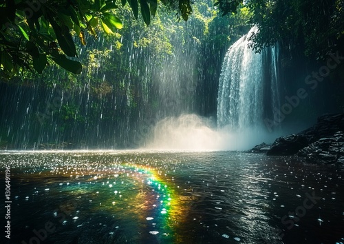 tropical rainforest waterfall, with visible droplets mid-air and iridescent rainbows formed in the spray