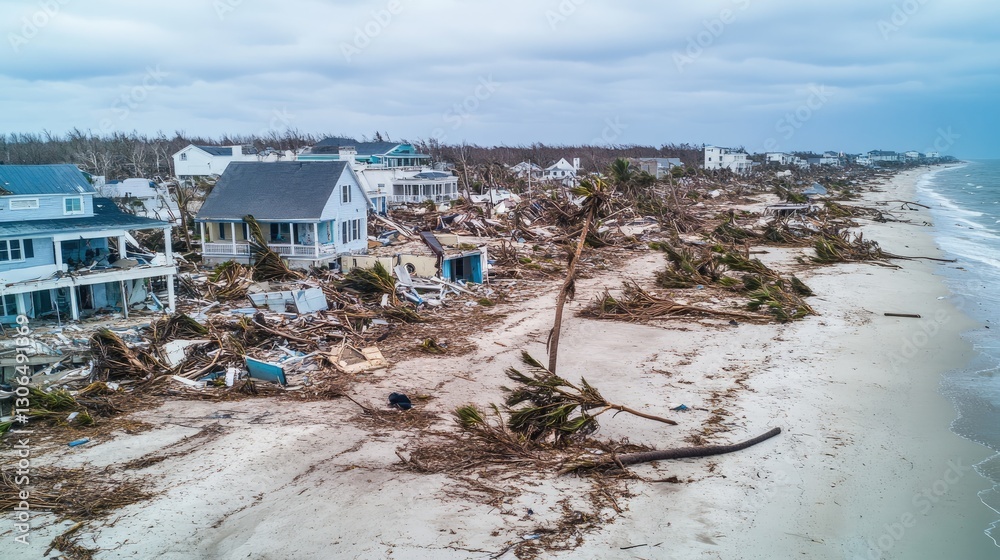 Aerial view of coastal town after hurricane, with uprooted trees, destroyed homes, and debris scattered across the beach, capturing the devastating aftermath of the storm. Aerial view of coastal town after hurricane, with uprooted trees, destroyed homes, and debris scattered across the beach, capturing the devastating aftermath of the storm.