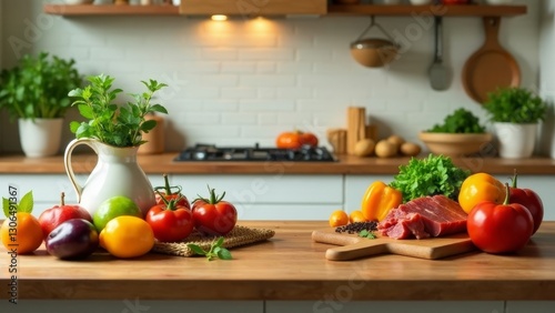 A kitchen counter displays fresh produce and raw meat, ready for culinary creation