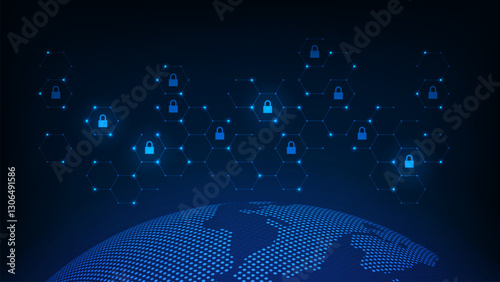 Security technology concepts on cloud network  at center. Digital circuit board above the global Earth.
