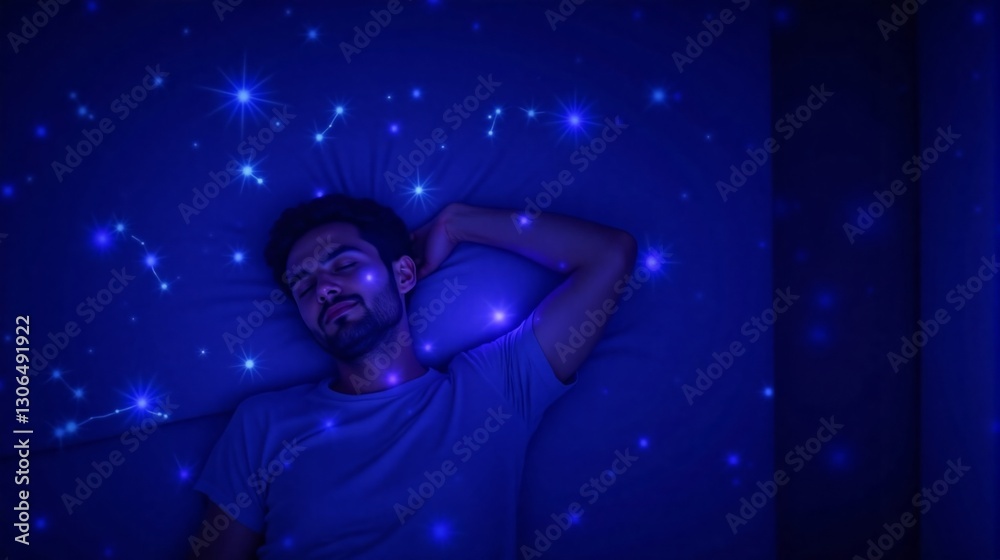 Young man dreaming under a starry sky projection in a dark room Young man dreaming under a starry sky projection in a dark room