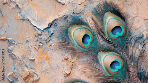 Peacock feathers laid out on a textured surface, creating a pattern of iridescent colors against a muted background.