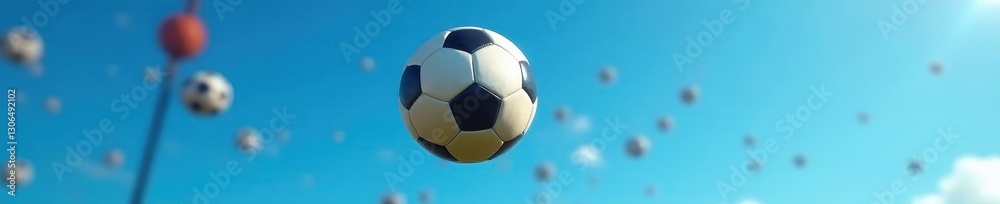 Obraz premium Close-up of football in flight, vivid blue sky, gridiron, energy