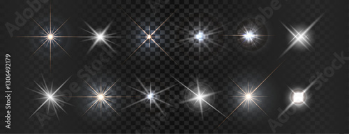 Collection of different light effects, Realistic flares, Creative vector illustration of light effect, ray, Flash, Glowing effects, lens, bright, Vector shimmering elements, Sparkle glares