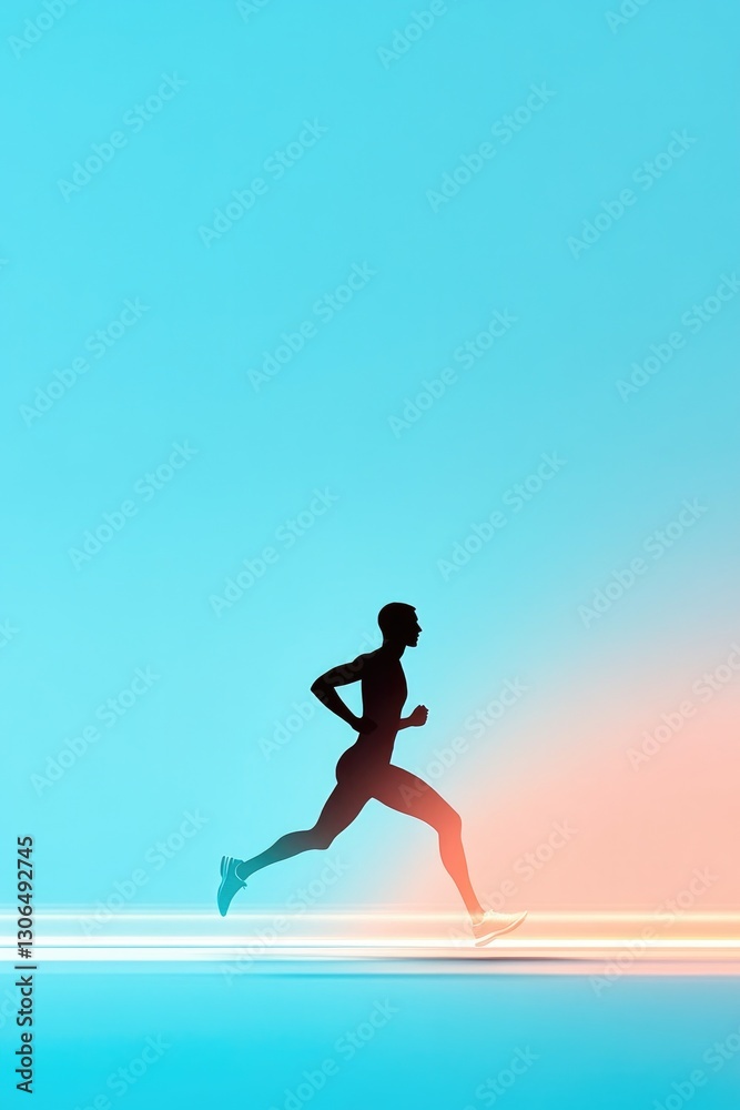 Dynamic runner silhouette against vibrant gradient backdrop, sym Dynamic runner silhouette against vibrant gradient backdrop, sym
