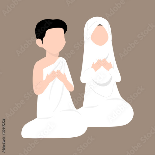 Muslim Pilgrims Performing Hajj And Umrah Illustration. Musim Wearing Ihram Clothes