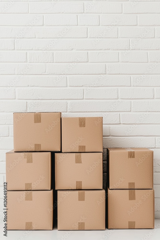 Stacked cardboard boxes against a white brick wall Stacked cardboard boxes against a white brick wall