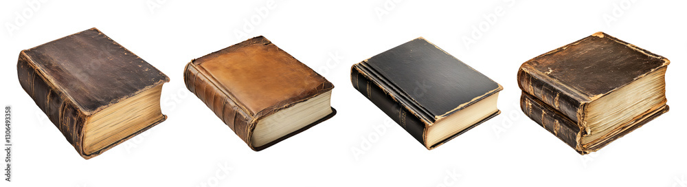 Obraz premium Antique Leather Bound Books Collection on White Background, Isolated on Transparent Background