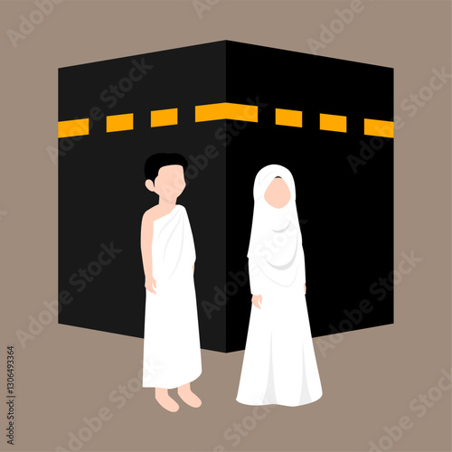 Muslim Pilgrims Performing Hajj And Umrah Illustration. Musim Wearing Ihram Clothes