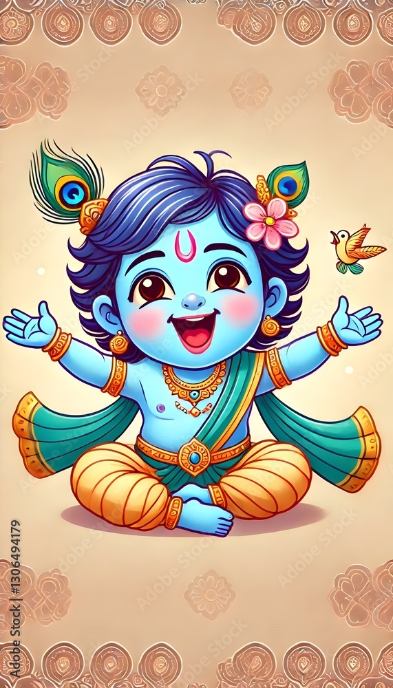 Fototapeta premium Little Krishna’s Joy: excitedly eating and enjoying Makhan, butter, food