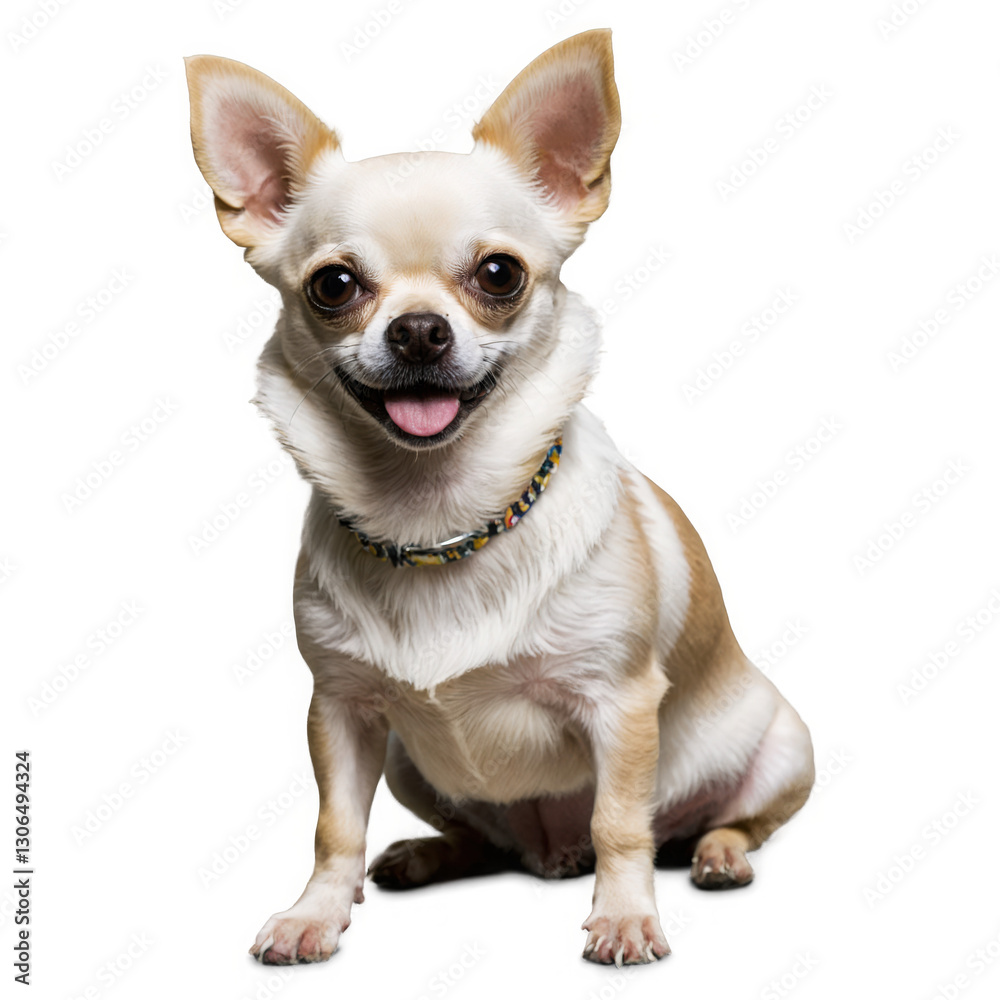 Small dog sitting, looking happy with tongue out. Light brown and white color. Wearing collar. Isolated image, transparent, png. Small dog sitting, looking happy with tongue out. Light brown and white color. Wearing collar. Isolated image, transparent, png.
