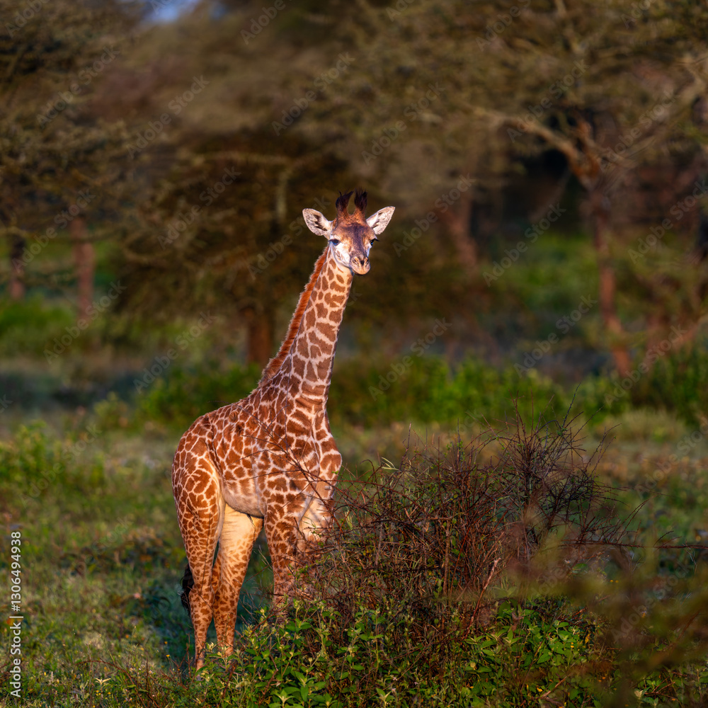 Φωτογραφία baby giraffe in the savannah, serengeti national park