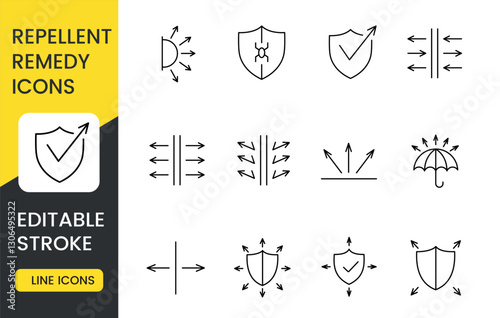 A set of repellent remedy icons, featuring shields, arrows, and protective barriers, representing defense, protection, and prevention against external threats like parasites, with an editable stroke.