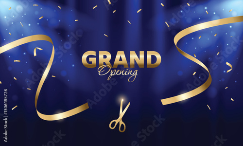 Luxury grand opening blue background with cutting gold ribbon ceremony. Modern elegant promotional design.