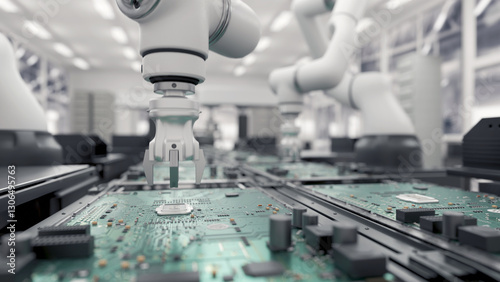 Concept future. High Precision Robot Arms. Bright Electronics Factory. Fully Automated Modern PCB Assembly Line. Component Installation circuit Board. Electronic Devices Production Industry. 3d render