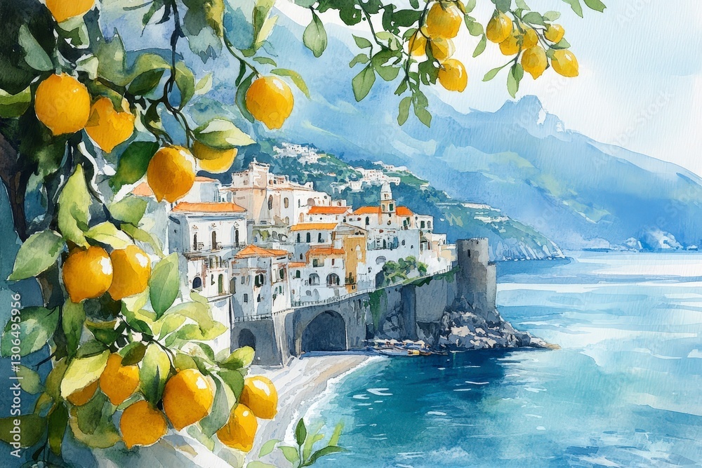 custom made wallpaper toronto digitalCoastal Italian Village with Lemon Trees and Scenic Seascape in Watercolor Art