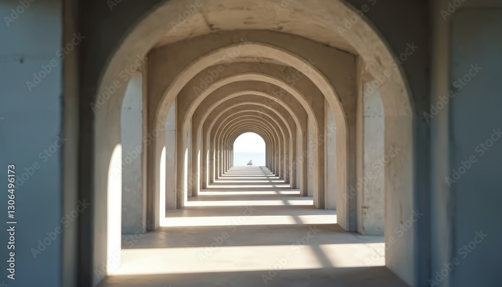 Long hallway with series of concrete arches, light streams, shadow falls on floor, structure shows symmetric repeating monotone pattern. Building design creates depth, perspective effect. Man Long hallway with series of concrete arches, light streams, shadow falls on floor, structure shows symmetric repeating monotone pattern. Building design creates depth, perspective effect. Man