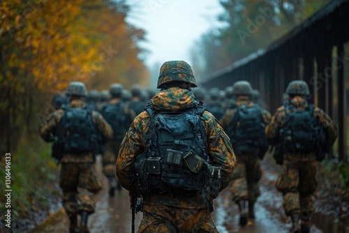 Group of soldiers walking down a muddy road, great for military or adventure themes photo