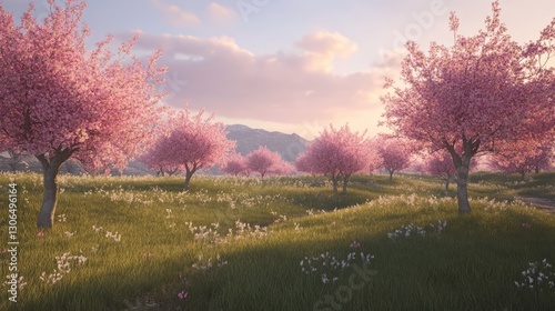 Blooming peach trees with soft pink flowers in a serene orchard, peaceful and beautiful, ultra-detailed, 4k