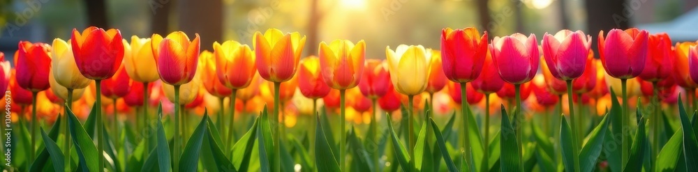 Vibrant spring tulips in neat row, colorful blooms , floral, red, spring Vibrant spring tulips in neat row, colorful blooms , floral, red, spring