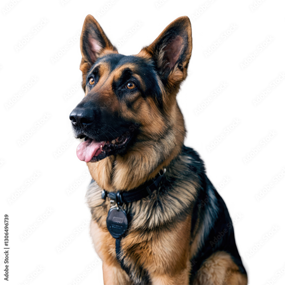 Dog portrait with tongue out, black and brown fur, wearing collar. Transparent png, isolated. Dog portrait with tongue out, black and brown fur, wearing collar. Transparent png, isolated.