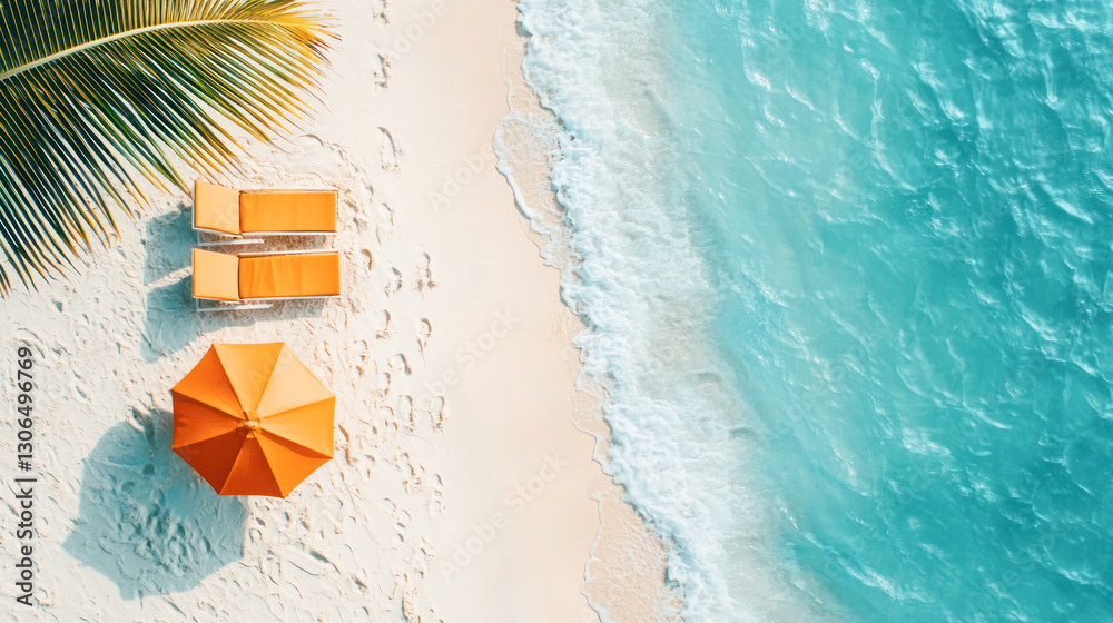 Naklejka premium Top view of a tropical beach with two orange lounge chairs and a matching umbrella on soft white sand, next to turquoise ocean waves.
