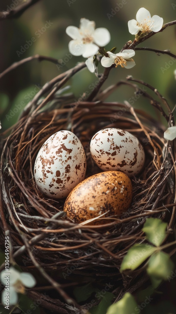 Obraz premium Natural twig nest cradling three speckled eggs gently.