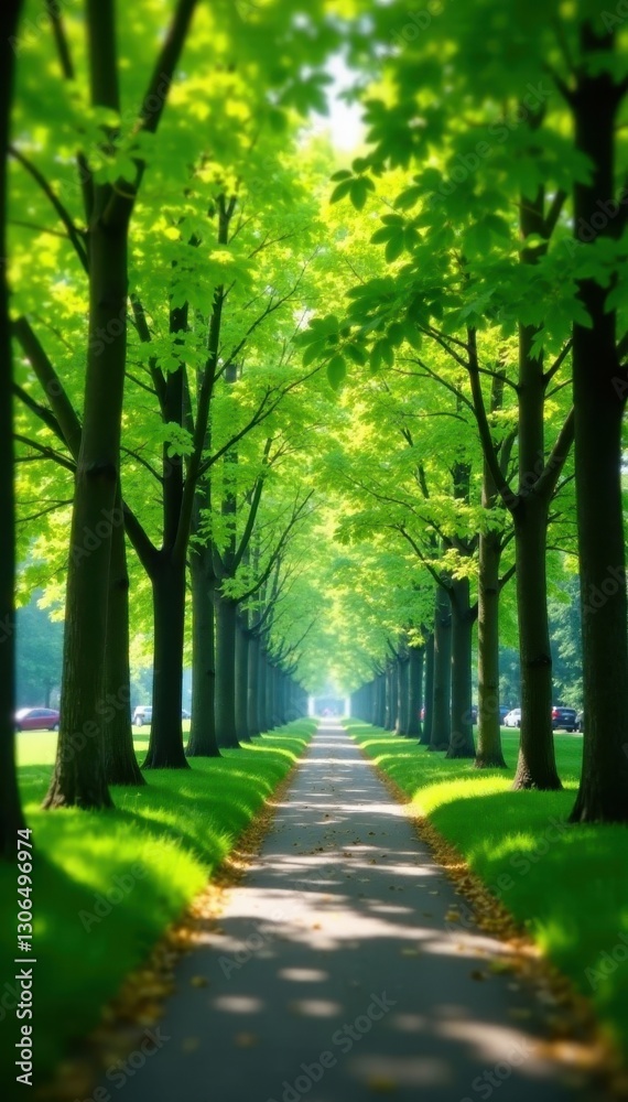 Obraz premium Blurred city park foliage, vibrant green trees, trees, natural