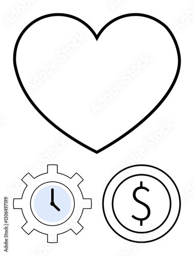 Heart outline, gear with clock, and dollar coin combine themes of love, efficiency, and money. Ideal for business, finance, relationships, time management priorities decision-making flat simple