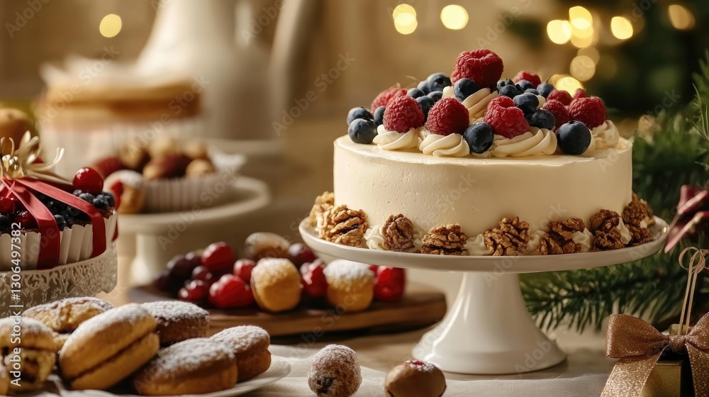 Naklejka premium A delicious decorated cake surrounded by pastries and other baked goods