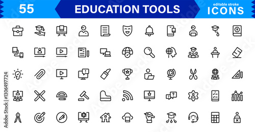 Education Tools Icon Set. High-Quality Icons for Classroom, Learning, Teaching, and Study Resources Designs