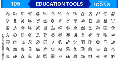 Education Tools Icon Set. High-Quality Icons for Classroom, Learning, Teaching, and Study Resources Designs
