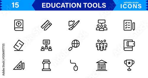 Education Tools Icon Set. High-Quality Icons for Classroom, Learning, Teaching, and Study Resources Designs