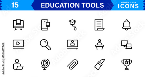 Education Tools Icon Set. High-Quality Icons for Classroom, Learning, Teaching, and Study Resources Designs