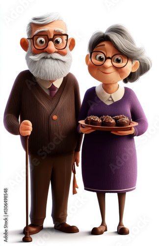 Smiling Elderly Couple with Muffins, Cartoon Illustration