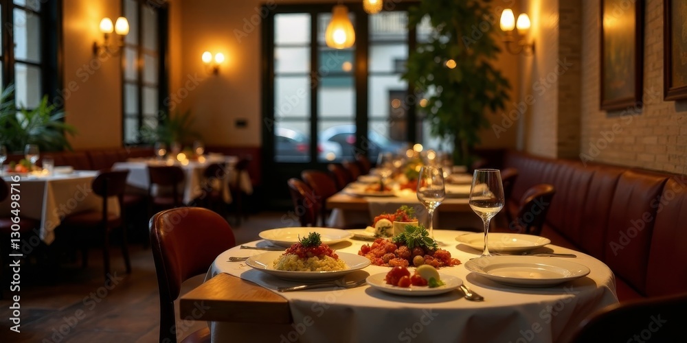 Elegant restaurant interior, showcasing a table set for a fine dining experience with delicious food, wine glasses, and warm lighting creating a sophisticated ambiance Elegant restaurant interior, showcasing a table set for a fine dining experience with delicious food, wine glasses, and warm lighting creating a sophisticated ambiance