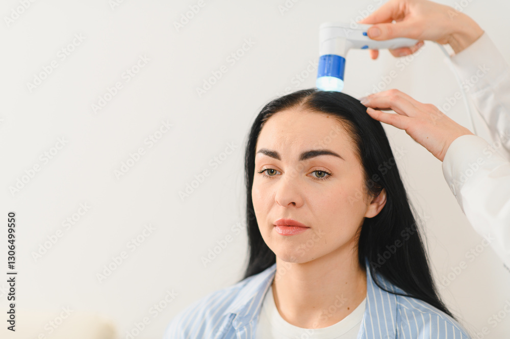 Doctor diagnoses the structure of the hair. Consultation with a trichologist Doctor diagnoses the structure of the hair. Consultation with a trichologist