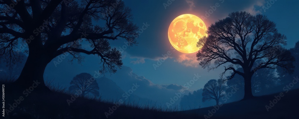 Obraz premium Eerie, glowing moon hangs over silhouetted trees , haunted, night sky, fantasy