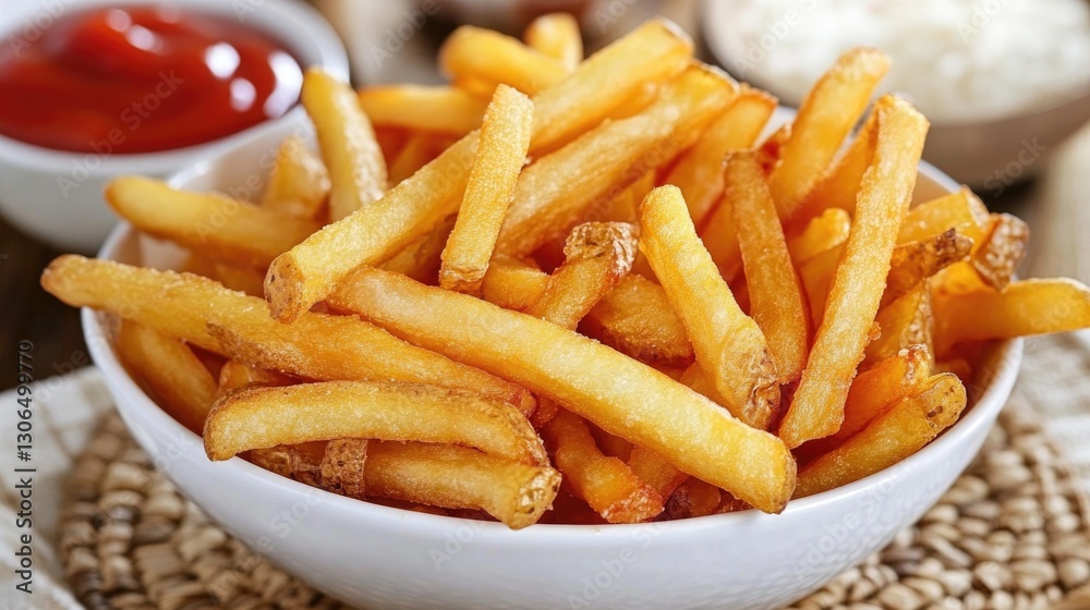 A full white bowl containing many golden crispy french fries A full white bowl containing many golden crispy french fries
